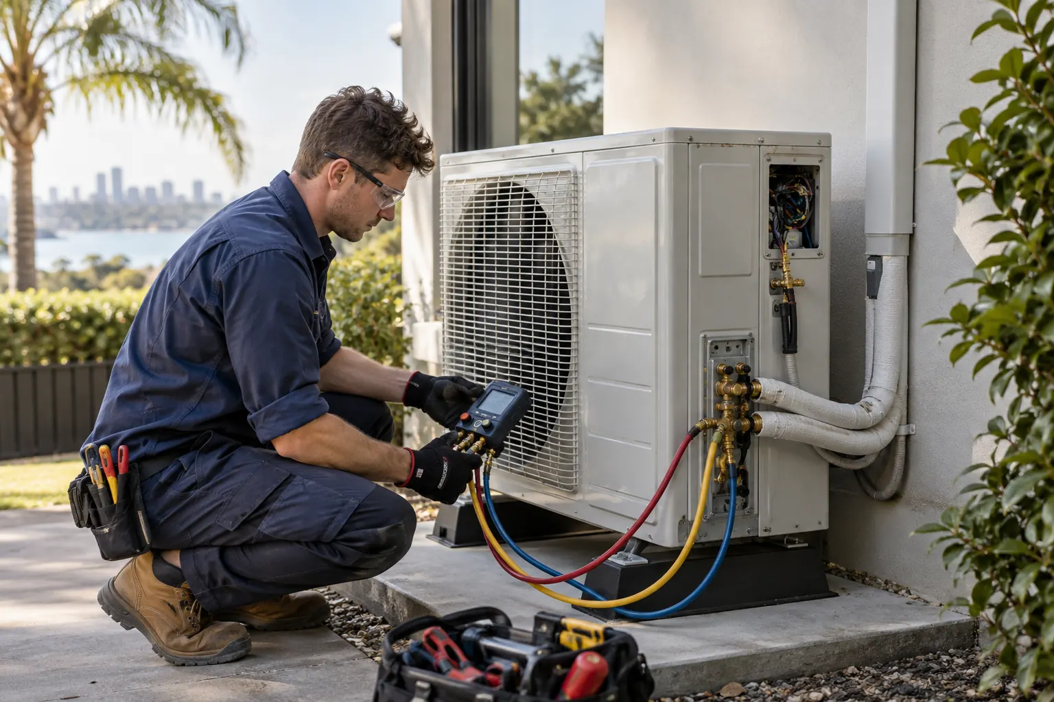 Air conditioning technician commissioning a new Sydney reverse cycle system