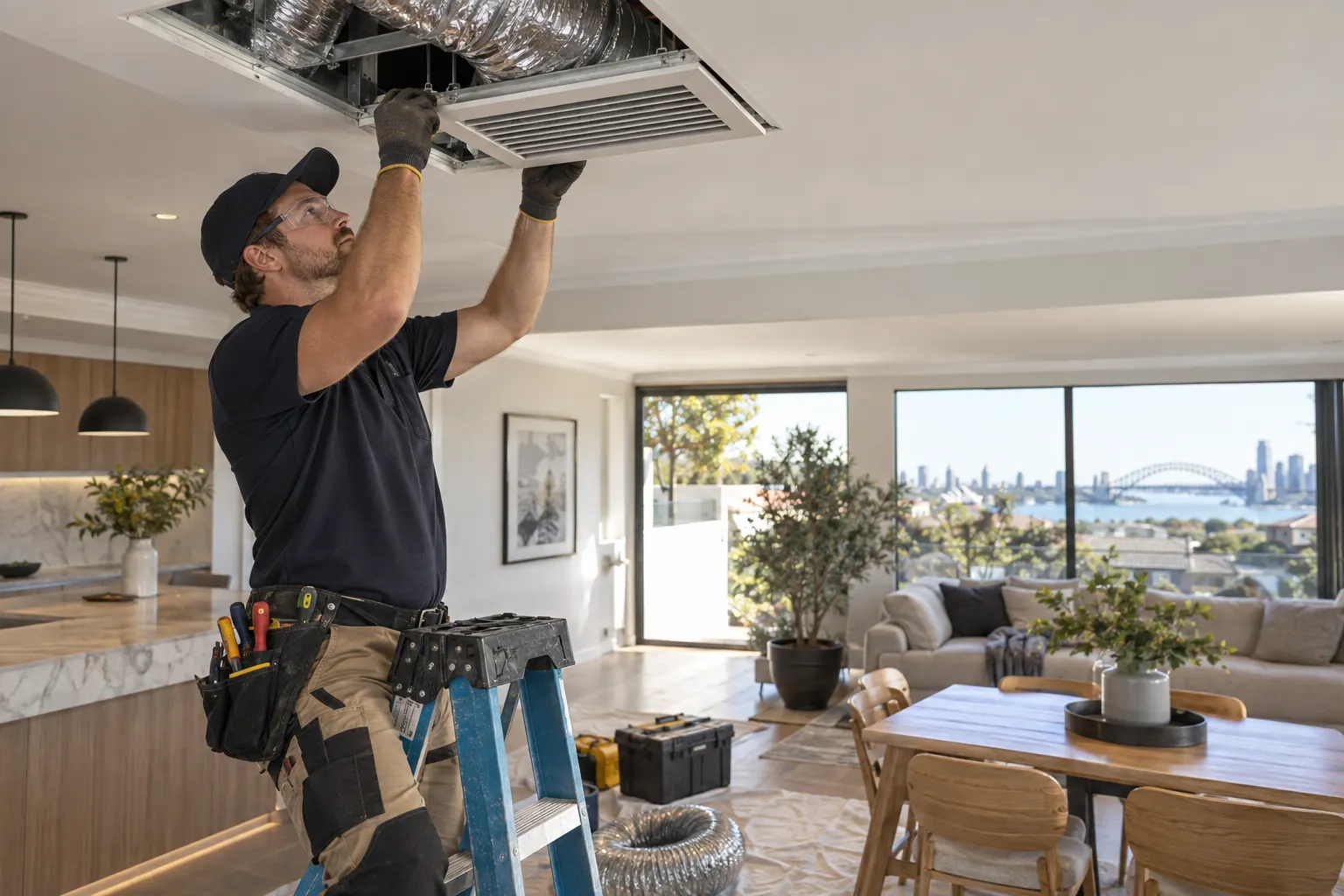 Unbranded air conditioning installation in a designed Sydney home