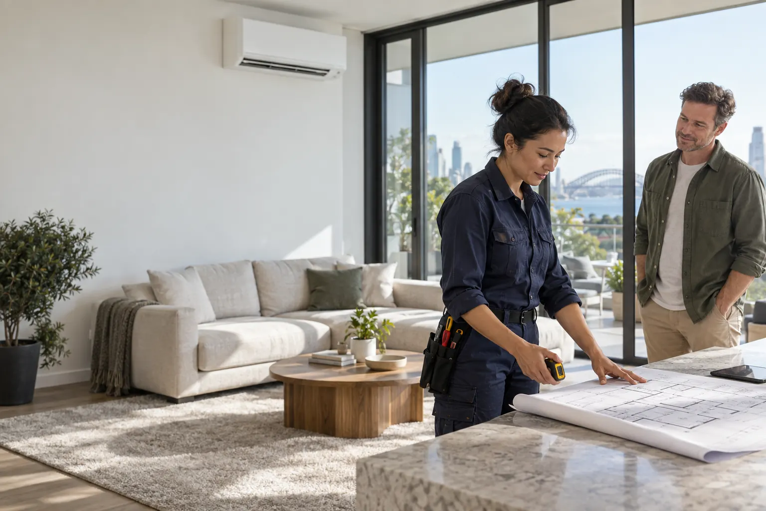 Air conditioning technician assessing a contemporary Sydney living room