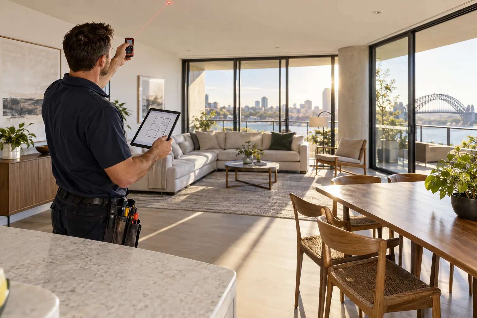Technician completing a room load assessment for Sydney air conditioning